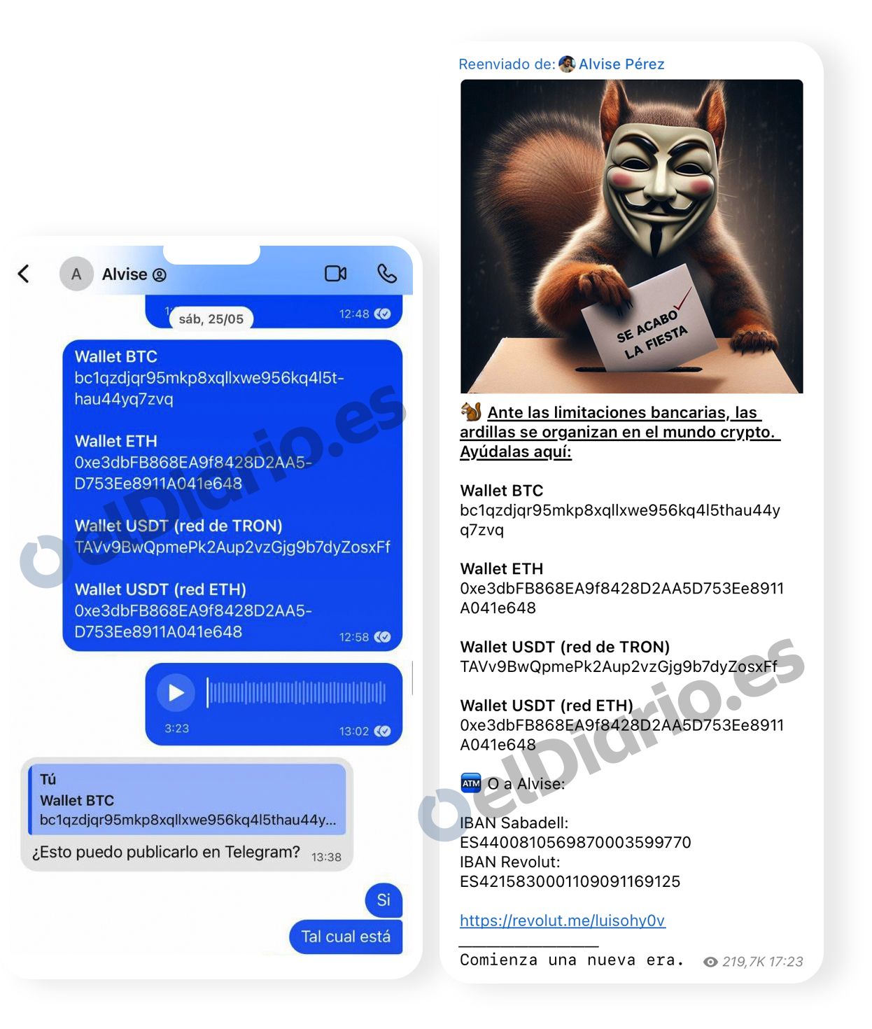 Mensaje del fundador del MIC explicando a Alvise las 'wallets' que ha creado para él (izquierda), mensaje que Alvise colgó en su Telegram poco después difundiendo esas 'wallets' para recibir donaciones (derecha)
