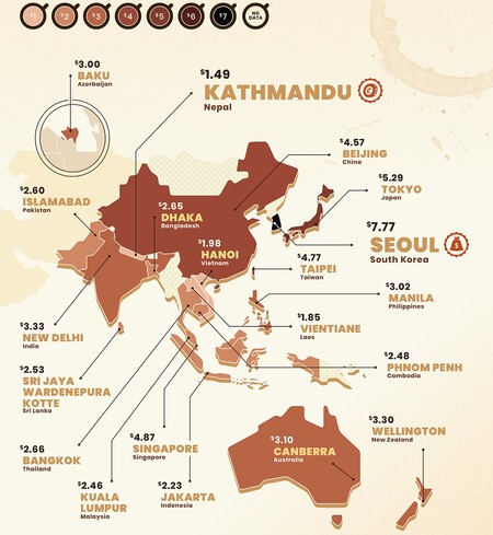 mapa del café asia y oceanía