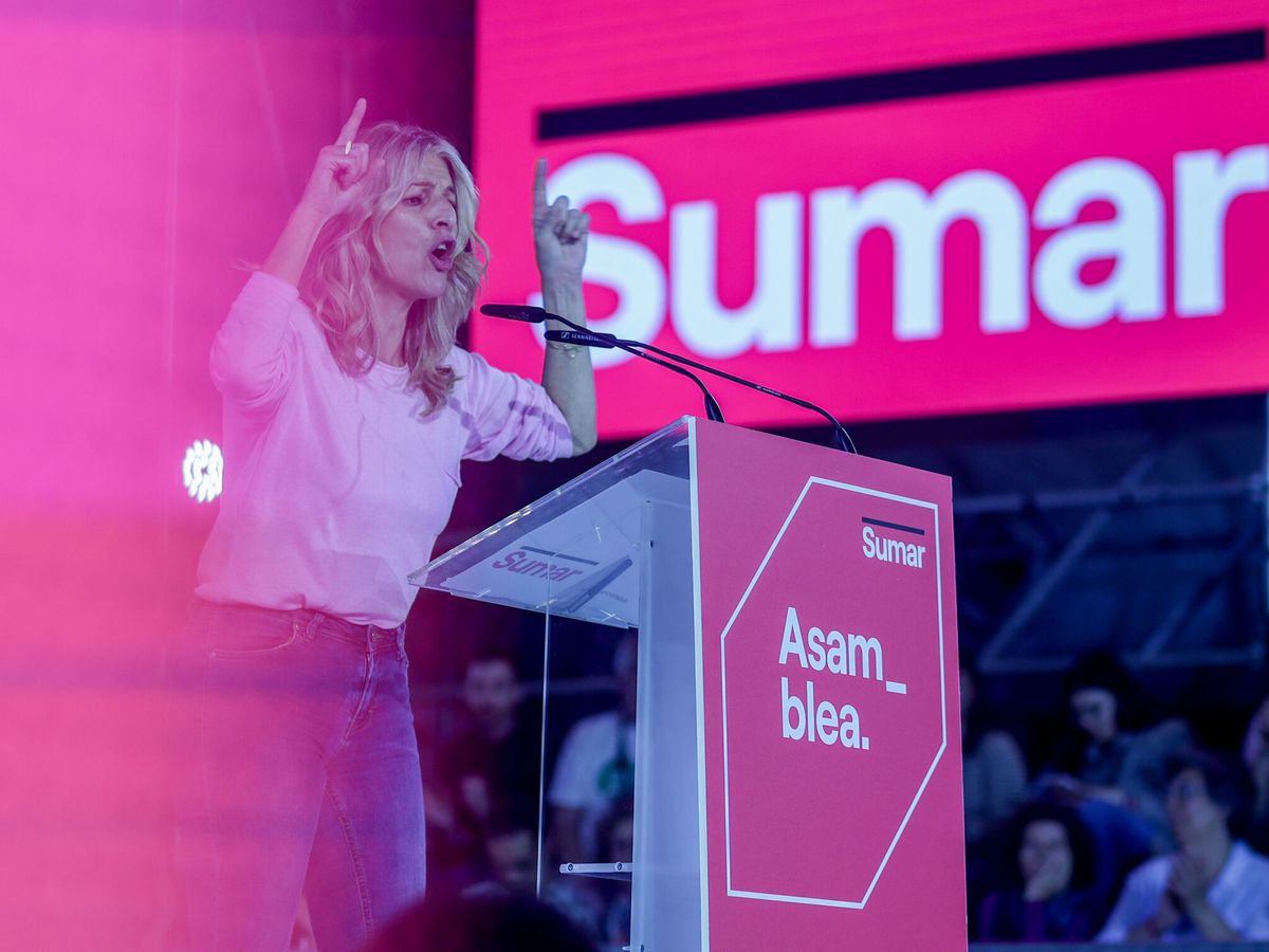 Foto: Acto de cierre de la Asamblea fundacional de Sumar. (Ricardo Rubio/Europa Press) 