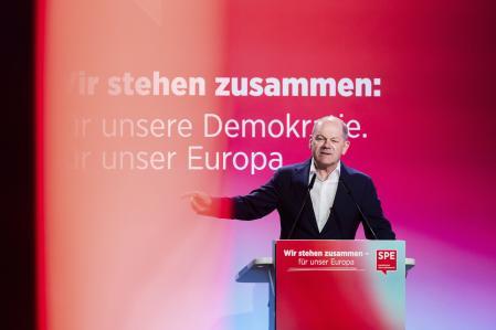 Germant Federal Chancellor Olaf Scholz, speaks, during the Party of European Socialists (PES) Democracy Congress, in Berlin, Saturday, May 4, 2024.