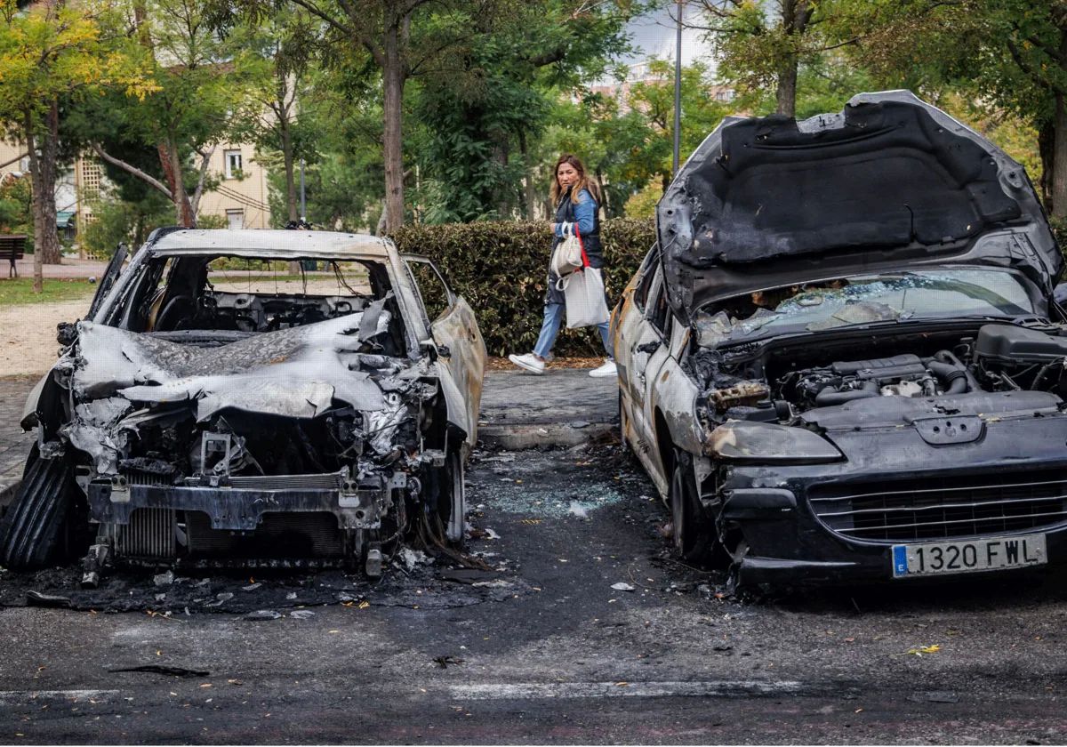 Dos coches calcinados en la calle Cerecinos, en Usera