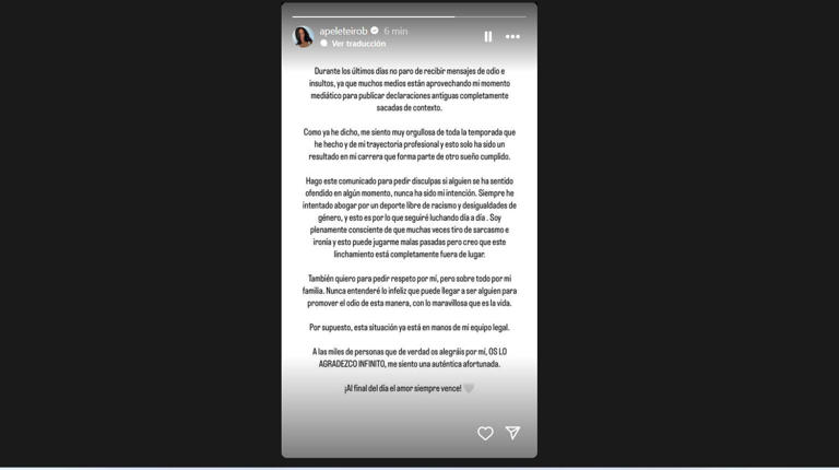 Captura de Pantalla de la historia de Instagram de Ana Peleteiro.