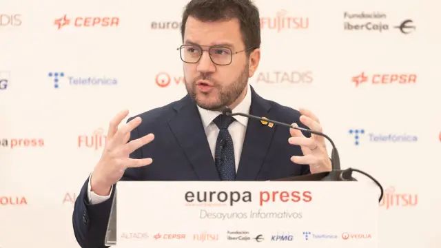 El presidente de la Generalitat de Catalunya, Pere Aragonès, interviene durante un desayuno informativo de Europa Press, en el Hotel InterContinental Madrid, a 20 de marzo de 2024, en Madrid (España). 20 MARZO 2024;PERE ARAGONES;CATALUNYA;GENERALITAT DE CATALUNYA Eduardo Parra / Europa Press 20/3/2024