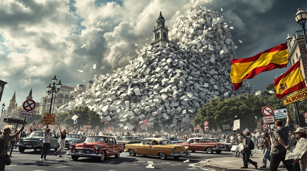 La imagen muestra una escena caótica en una ciudad donde una avalancha masiva de papeles cae desde un gran edificio con una torre prominente. Las calles están llenas de coches vintage y personas que sostienen carteles, algunos de los cuales están protestando. Hay numerosas señales de tráfico que indican prohibiciones, y las banderas españolas se muestran de manera prominente. El cielo está nublado, lo que añade a la atmósfera dramática. Esta imagen es interesante y relevante ya que representa visualmente una cantidad abrumadora de burocracia o papeleo, posiblemente simbolizando una protesta contra la sobrecarga administrativa o la ineficiencia.