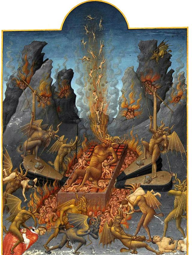 En el Apocalipsis, se predice el fin del diablo en el infierno, aunque sufriendo como todas las otras almas que han caído ahí, como en esta imagen de los hermanos Linbourg (1385–1416), en la que Lucifer tortura y es torturado.