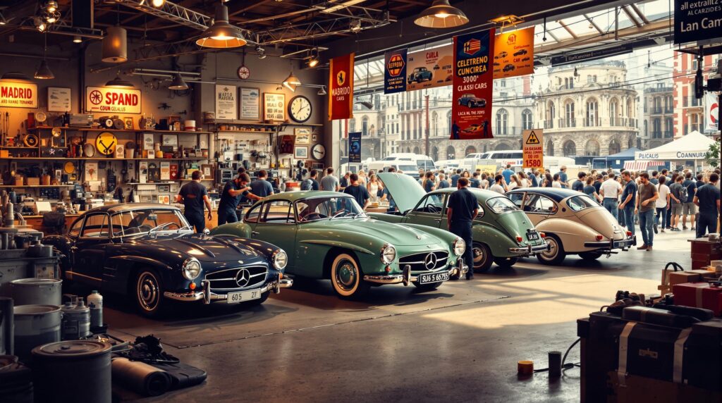 La imagen muestra un bullicioso taller de coches clásicos con varios vehículos vintage, incluyendo dos Mercedes-Benz 300SL y un Volkswagen Beetle, que están siendo reparados o exhibidos. El taller está lleno de herramientas, equipos y señales vintage. En el fondo, hay una multitud de personas, posiblemente asistiendo a una exhibición de coches, con un edificio histórico visible a través de las puertas abiertas del taller. La escena es animada y captura la esencia de la cultura de los coches clásicos, siendo interesante y relevante para los entusiastas y aquellos interesados en la historia automotriz.