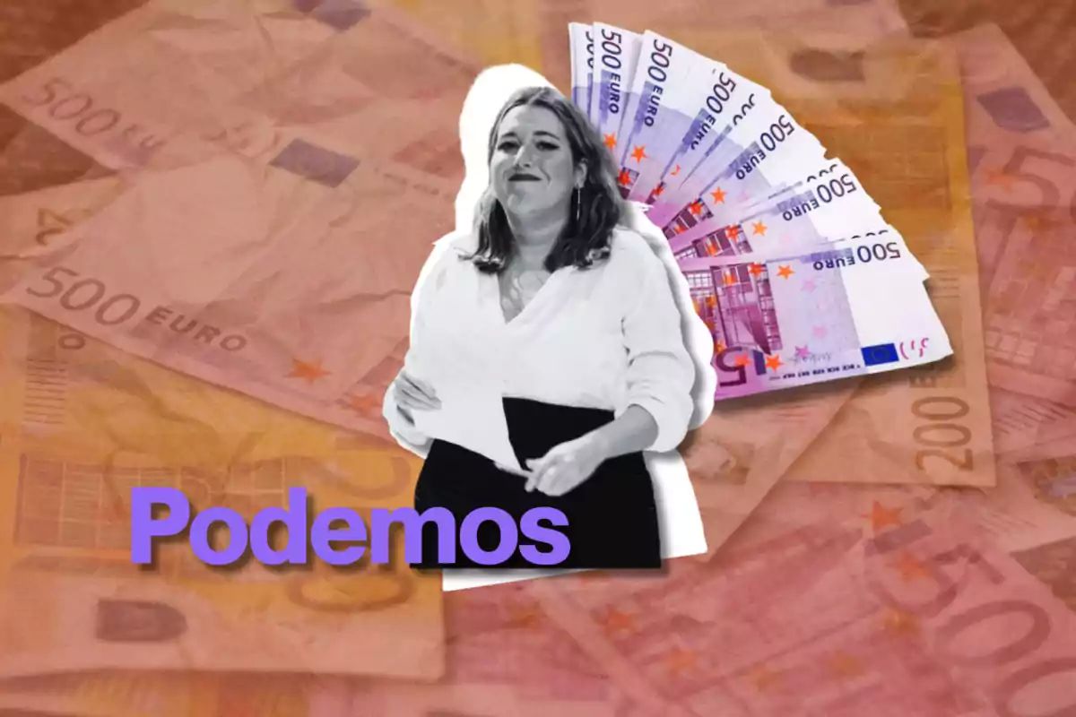 Una mujer sonriente con una blusa blanca y falda negra, sosteniendo papeles, con billetes de 500 euros en el fondo y la palabra Podemos en letras moradas.