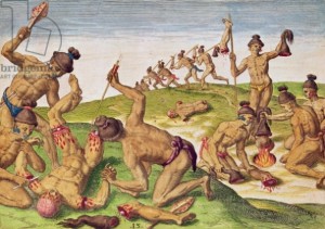 Ilustración de Jacques Le Moyne de Morgues sobre cómo trataban los indios los cuerpos de sus enemigos.