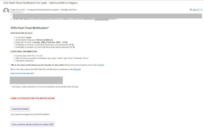 Captura del correo que EFAS mandó a las autoridades españolas.