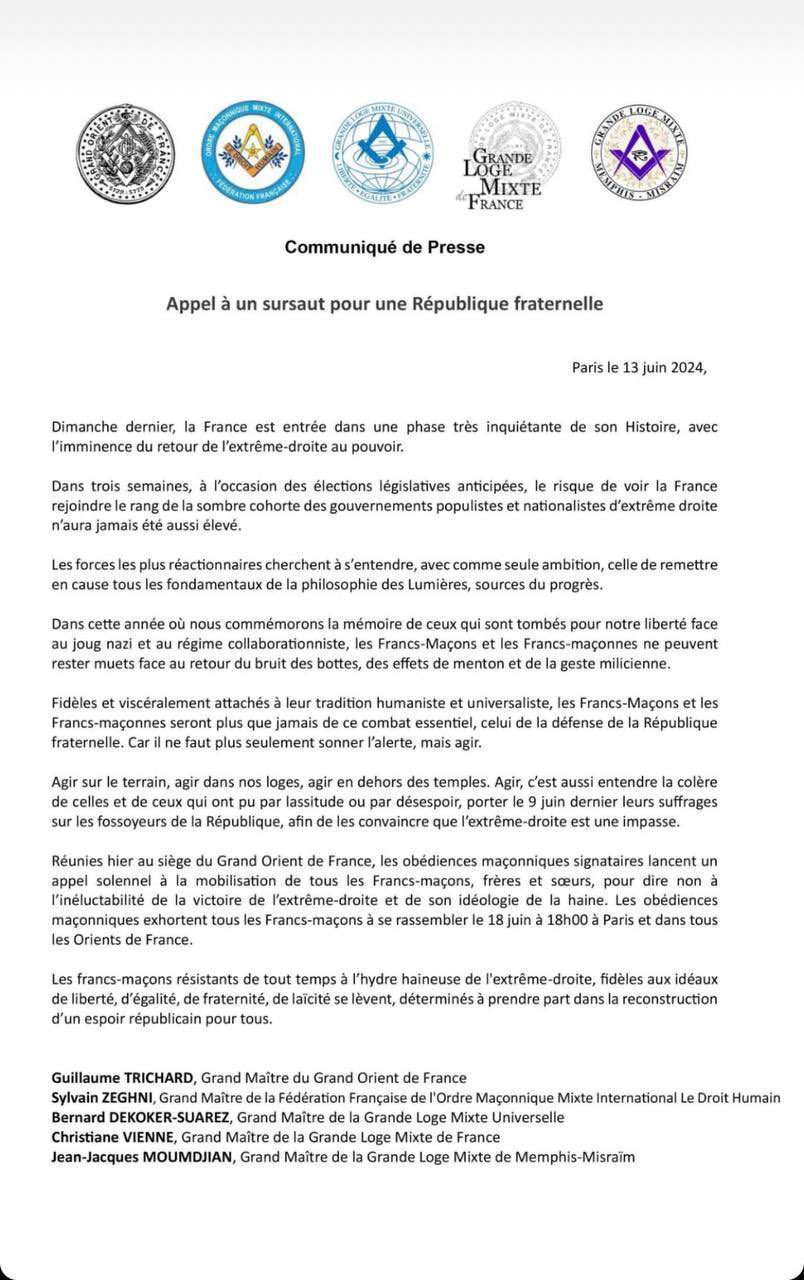 La masonería francesa lanza un comunicado de prensa contra el inminente regreso de la extrema derecha al poder” en Francia y llama a los masones a reunirse el 18 de junio a las 18:00 horas en París y en todos los Orientes de Francia.