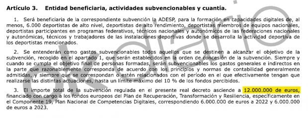 Extracto del BOE sobre la subvención directa.