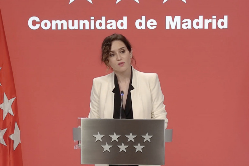 <p>Isabel Díaz Ayuso, durante la comparecencia por el presunto espionaje interno del PP, el 17 de febrero de 2022. / <strong>Comunidad de Madrid</strong></p>