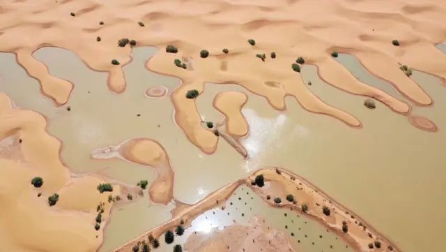 Los lagos causados por las fuertes lluvias entre las dunas de arena en Merzouga.