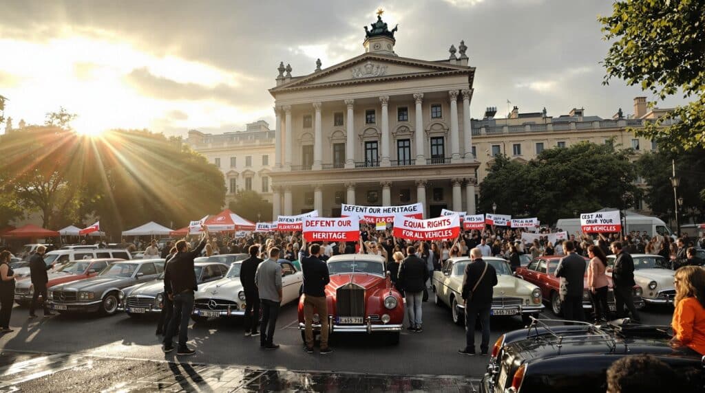 Protesta de propietarios de coches clásicos frente a un edificio histórico neoclásico al atardecer. La imagen muestra una concentración de vehículos clásicos, incluyendo varios Mercedes-Benz y Rolls-Royce, junto a manifestantes que sostienen pancartas con mensajes como 'DEFEND OUR HERITAGE' (Defiende nuestro patrimonio) y 'EQUAL RIGHTS FOR ALL VEHICLES' (Igualdad de derechos para todos los vehículos). El sol poniente crea rayos de luz dramáticos a través de los árboles, iluminando la fachada blanca del edificio monumental que tiene columnas corintias y está coronado por una cúpula con una estrella. Hay una multitud considerable de personas reunidas entre los coches clásicos aparcados.