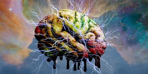 rainbow colored brain with lightning bolts all over it before a rainbow galaxy background with tiny stars