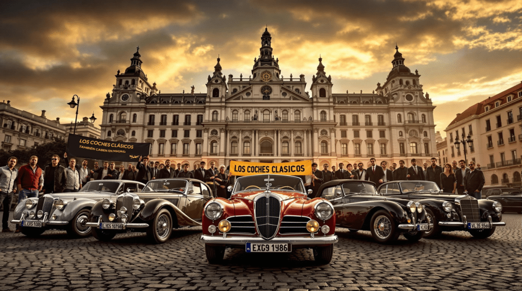 Fotografía dramática frente al Ayuntamiento de Madrid al atardecer. En primer plano se exhiben cinco automóviles clásicos de lujo alineados, incluyendo un Alfa Romeo rojo en el centro y varios Mercedes-Benz en tonos plateados y oscuros. Detrás de los vehículos, un grupo numeroso de personas sostiene pancartas con textos 'Los coches clásicos' y 'Los coches clásicos en maben en Madrid'. El fondo muestra la majestuosa fachada blanca del Ayuntamiento de Madrid con su arquitectura barroca característica, torres y cúpulas, todo ello iluminado por un cielo dorado del atardecer con nubes dramáticas. El suelo está pavimentado con adoquines históricos que añaden textura a la composición.