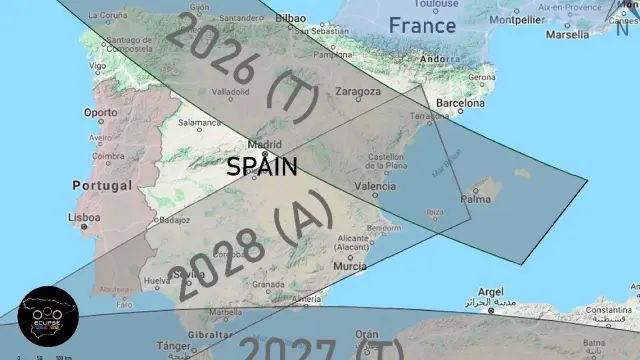 Mapa de España en el que aparece sombreada la zona en la que se podrán ver los tres eclipses.