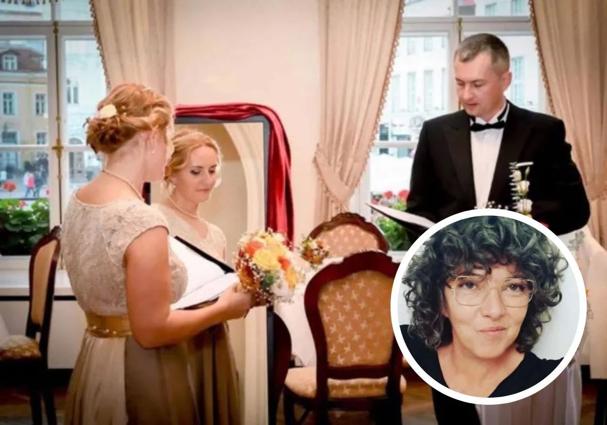 Una novia durante su boda consigo misma. En el círculo, la casamentera May Serrano.